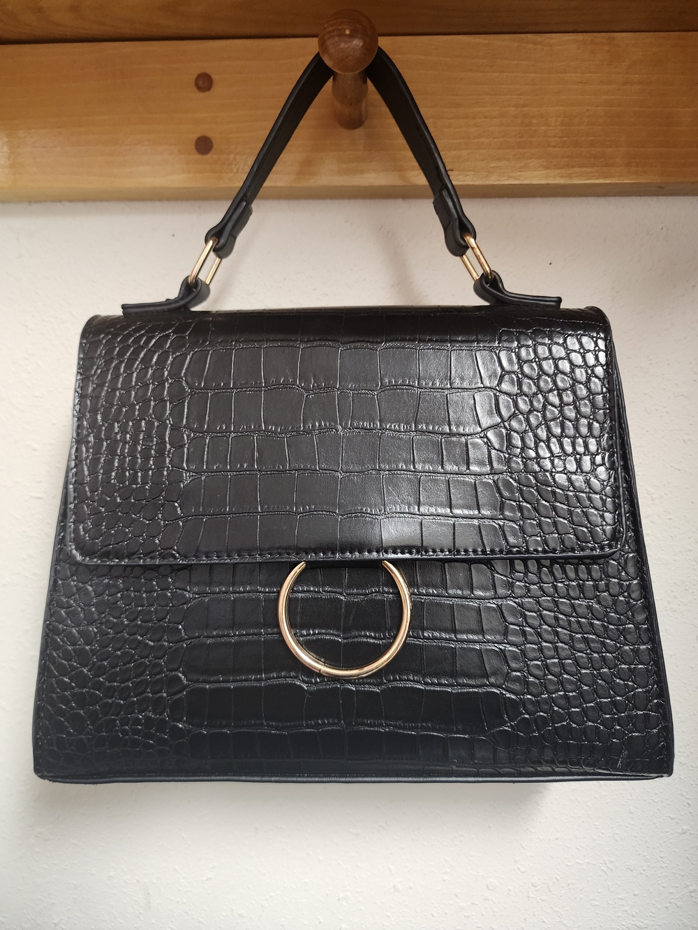 Like Dreams Black Croc-Embossed Top Handle Bag with Gold Ring
